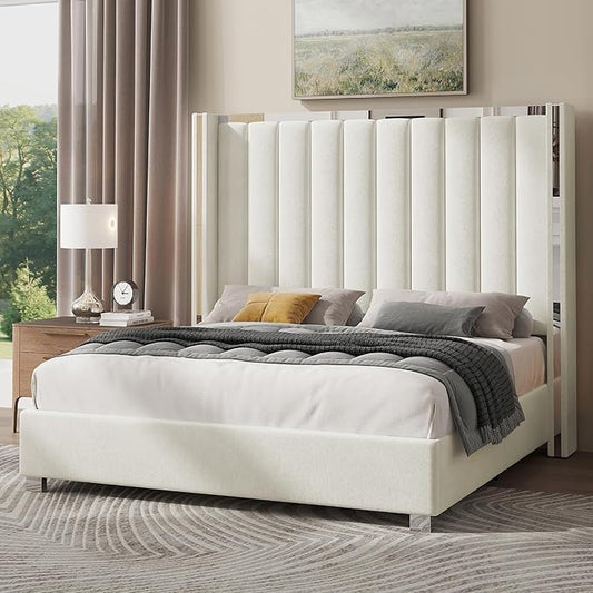 Jocisland Queen Size Bed Frame with 58" Tall Headboard, Platform Velvet Upholstered Bed with Channel Tufted Wingback Headboard and Plating Trim, No Box Spring Needed, White Cream