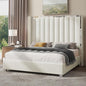 Jocisland Queen Size Bed Frame with 58" Tall Headboard, Platform Velvet Upholstered Bed with Channel Tufted Wingback Headboard and Plating Trim, No Box Spring Needed, White Cream