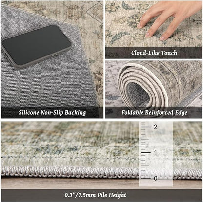 Washable 6x9 Area Rugs for Living Room, Boho Non-Slip Vintage Distress Large Rugs for Bedroom Dining Room Nursery Office, 0.3" Neutral Oriental Throw Thin Carpet, Flaxen/Brown/Multi