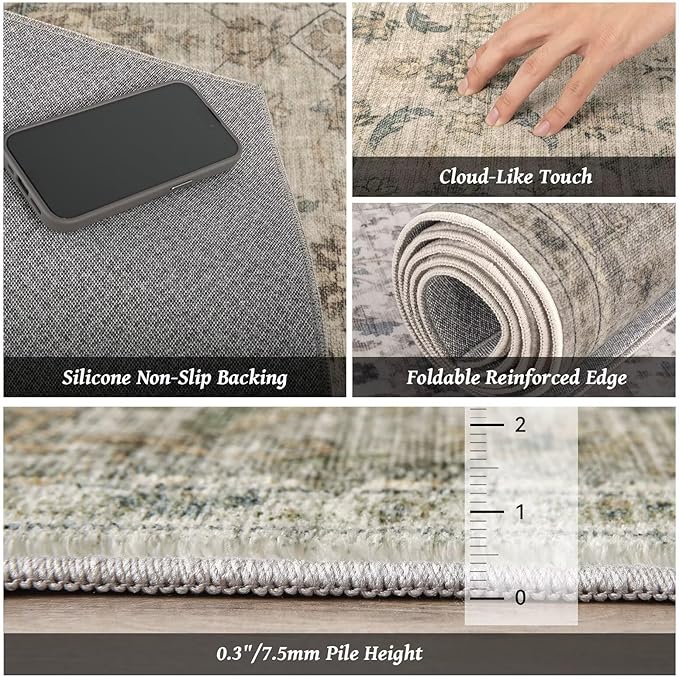 Washable 4x6 Rugs for Living Room, Boho Non-Slip Vintage Distress Small Rugs for Bedroom Nursery Office, 0.3" Neutral Oriental Throw Thin Carpet with Cushioning Pad, Flaxen/Brown/Multi