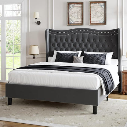 Upholstered Full Size Bed Frame with Tall Headboard, Velvet Wingback Platform Bed Frame with Deep Button Tufted, No Box Spring Needed, Noise Free, Grey