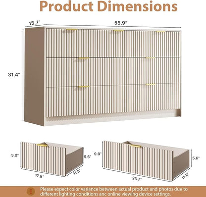 3-Piece Dresser Bedroom Set, 7 Drawer Dresser & 2 Drawer Nightstands with Gold Handles, Fluted Wood Chest of Drawers for Bedroom, Living Room, Entryway, Beige