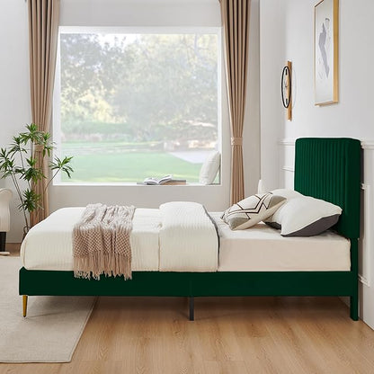 King Platform Bed Frame, Velvet Upholstered Bedframe with Vertical Channel Adjustable Headboard, Golden Plating Trim, Mattress Foundation with Wooden Slats, No Box Spring Needed, Green