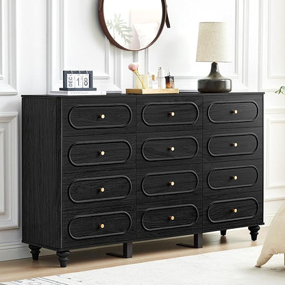 12 Drawer Fluted Dresser for Bedroom, Mid Century Modern Chest of Drawers, Wood Storage Small Dresser Organizer for Bedroom Living Room Hallway Closet, Black