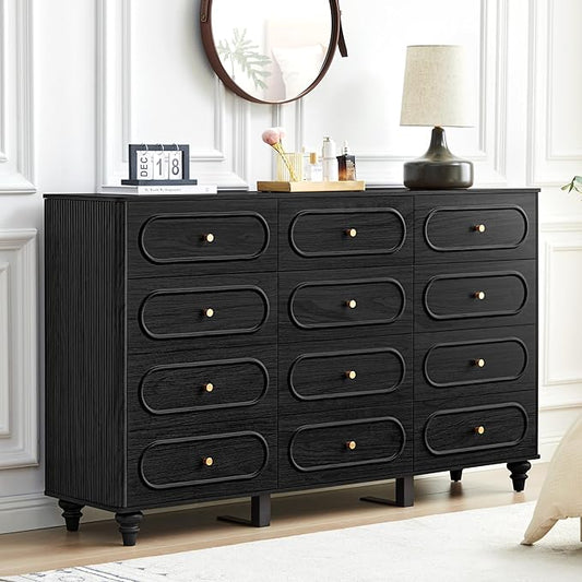 12 Drawer Fluted Dresser for Bedroom, Mid Century Modern Chest of Drawers, Wood Storage Small Dresser Organizer for Bedroom Living Room Hallway Closet, Black
