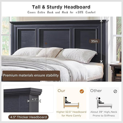 ACCOHOHO Farmhouse Queen Size Bed Frame with 52" Tall Headboard, Wood Platform Bedframe with Footboard and Storage Drawers, No Squeak, No Box Spring Needed, Black