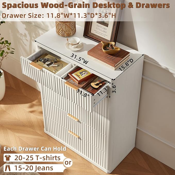 LEYAOYAO Fluted Dressers & Nightstand Set of 4, Wood 48" Wide Dresser & 42" Tall Chest of Drawers,Modern Bedroom Furniture Sets,White Wooden Nightstand Set of 2 with 3 Drawers & Charging Station