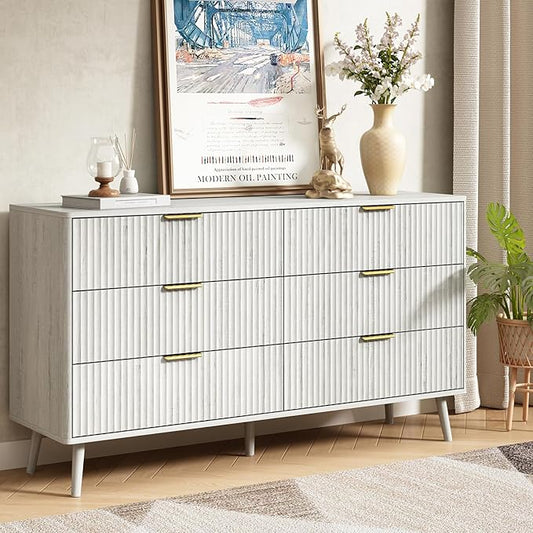 CARPETNAL Fluted 6 Drawer Dresser for Bedroom, 55" Wide Wooden Chest of Drawers with Rounded Corners, Gold Handles, Modern Storage Organizer for Bedroom, Hallway(White)