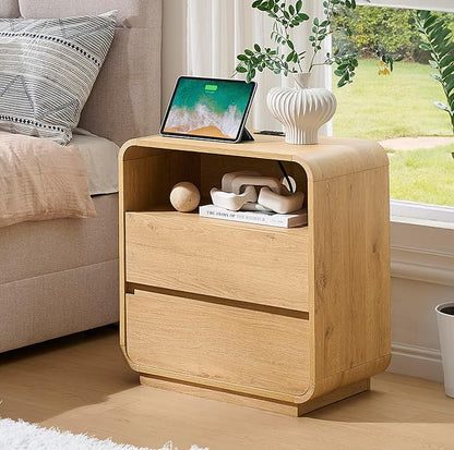 Modern Curved Night Stand, 25" Tall Wood Bedside Table with Charging Station, 2 Storage Drawers Side Table, Large End Table Nightstand for Bedroom, Living Room Office, Sofa, Natural