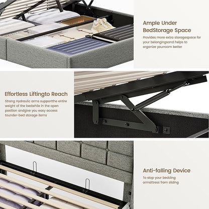 Lift Up King Size Bed Frame with Storage, Upholstered King Bed Frame with Charging Station and LED Lights Headboard, No Box Spring Needed, Easy Assembly - Light Grey