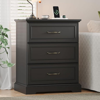 Farmhouse 3 Drawers Dresser for Bedroom, 24" Wide Modern Chest of Drawers with Deep Drawers & Bar Handles, Rustic Wood Nightstand, Wooden Closet Storage Organizer for Living Room, Hallway, Black