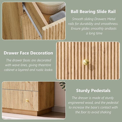 Fluted Dresser for Bedroom, 55" W 8 Drawer Dressers, Wood Tall Dresser Storage Organizer, Modern Bedroom Chest of Drawers with Deep Storage for Closet Hallway, Entryway, Living Room Natural