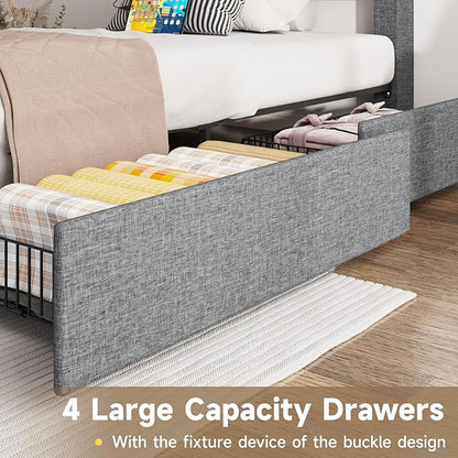 Vabches Twin Bed Frame with Storage Headboard and 4 Drawers,Upholstered Platform with Charging Station and Led Lights,Adjustable Headboard,No Box Spring Needed,Dark Grey