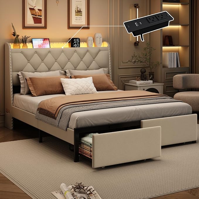 Queen Bed Frame with Storage Headboard and 2 Drawers, Upholstered Button Tufted Platform Bed Frame Queen Size with LED Lights, Charging Station, No Box Spring Needed, Noise Free, Easy Assembly, Beige