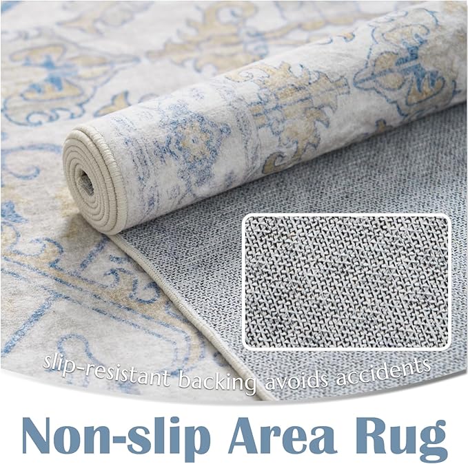 jinchan Hallway Runner Rug 3x8 Machine Washable - Vintage Floral Non-Slip Low-Pile Soft Ultra-Thin Faux Wool Kitchen Rug Distressed Carpet Runner for Farmhouse Bedroom Laundry Room (3x8ft, Blue)