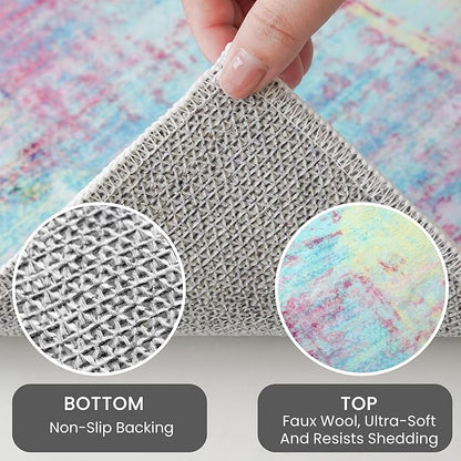IOHOUZE Abstract Area Rugs 6x9 Ft Washable Rugs for Living Room, Non Slip Dining Room Rug, Printed Faux Wool Rugs for Bedroom, Floor Carpet for Office Nursery Playroom, Pink Teal