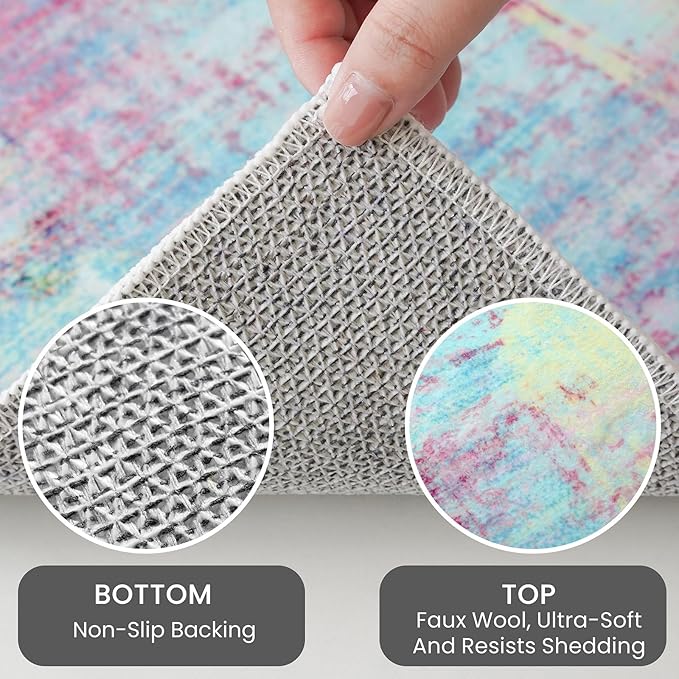 IOHOUZE Abstract Area Rugs 8x10 Ft Washable Large Rugs for Living Room, Non Slip Dining Room Rug, Printed Faux Wool Rugs for Bedroom, Floor Carpet for Office Nursery Playroom, Pink Teal