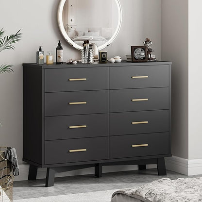 Dresser for Bedroom, 8 Drawer Wide Modern Chest of Drawers with X-Shaped Sturdy Base, Wood Double Dresser Closet Clothes Storage Organizer, Wooden TV Stand for Living Room, Hallway, Black