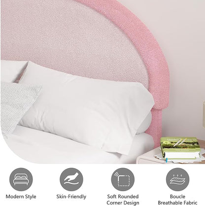Queen Bed Frame, Boucle Upholstered Platform Bed Frame with Headboard, Pink Bed Frame, Soft Rounded Corners, No Box Spring Required, Easy Assembly