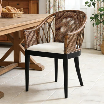 DUHOME Wood Rattan Arm Accent Chair Natural Wash/White Cushion Side Armchair Gianni Brown & Black Solid Living Room Chair for Dining Room Bedroom Office Foyer Arm Chair