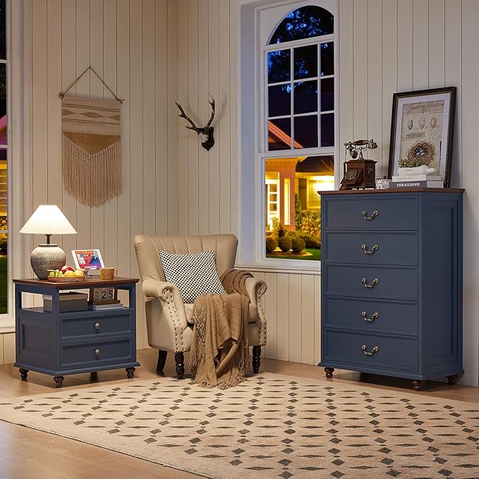 24" Wide Farmhouse Nightstand Set of 2, 45" Tall Rustic Chests of 5 Drawers w/ 4 Solid Wood Feet, Farmhouse Furniture Series for Living Room,Bedroom,DarkBlue