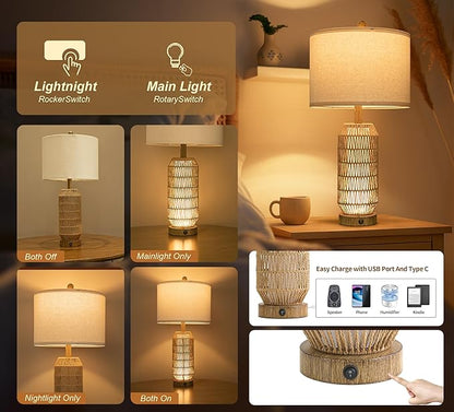 OYEARS 25" Table Lamps Set of 2 with Night Light,Bedside Lamps for Bedroom,Boho Lamps with USB C+A Charging Ports,Farmhouse Table Lamp with Rattan,Frosted Glass,Linen Shade (Wood Grain,Bulb Included)