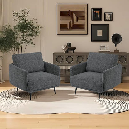 Oversized Accent Chair for Living Room Cozy Reading Chairs Mid-Century Modern Accent Chairs Armchair with Metal Legs Single Sofa Chair for Home Office (Set-of-2, Chenille Fabric- Dark Grey)