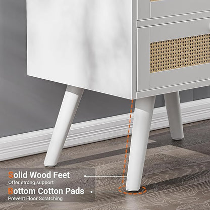 SUPERJARE 2 Drawer Night Stand with Charger Station, Boho Rattan Nightstand Set of 2, 25.2 Inch Tall Bed Side Table with Solid Wood Feet, End Table, Open Storage, Synthetic Rattan, for Dorm, White