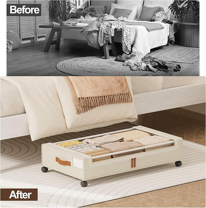 LAMU Under Bed Storage with Wheels, 2 Pack Under Bed Storage Containers with Clear Lid, XXL 60L Underbed Storage Bins, Rolling Under Bed Metal Drawers for Clothes, Blankets, Shoes, Beige