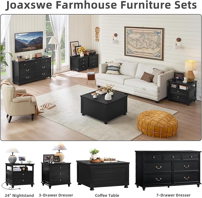 Farmhouse Furniture Set, Nightstands Set of 2 and 7 Drawers Dresser for Bedroom, 54 Inch Wide Wood Dresser and 24" Night Stands with Charging Station for Bedroom, Living Room, Hallway