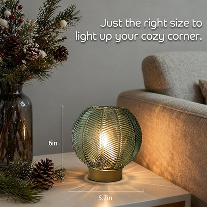 Battery Powered Lamp with Timer, Cordless Battery Operated Table Lamp with LED Bulb, Decorative Small Lamp Glass for Nightstand Bedside Bedroom Living Room-Green