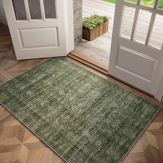 Washable 2x3 Entryway Rug, Boho Non-Slip Door Mat Vintage Distress Small Rugs for Kitchen Nursery Office Bedroom, 0.3" Neutral Oriental Throw Carpet with Cushioning Pad, Grass Green/Multi