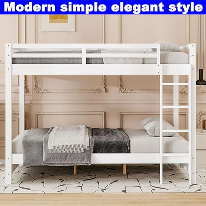 Upgraded Version Thicken Solid Wood Queen Over Queen Bunk Bed, Best Wooden Bunk Bed for Adults, Easy to Assemble (White)