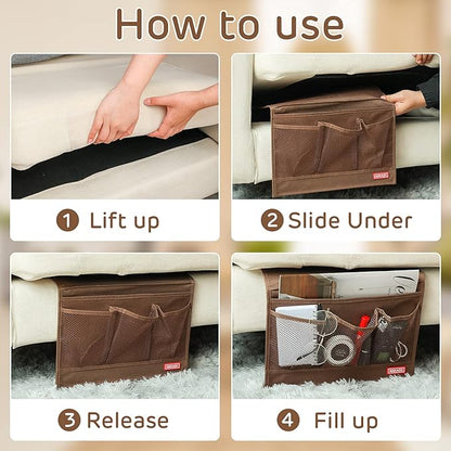 HAKACC Bedside Storage Organizer, Remote Control Holder, Bed Pockets Bedside Caddy Storage for Table Cabinet Phone Glasses, Brown