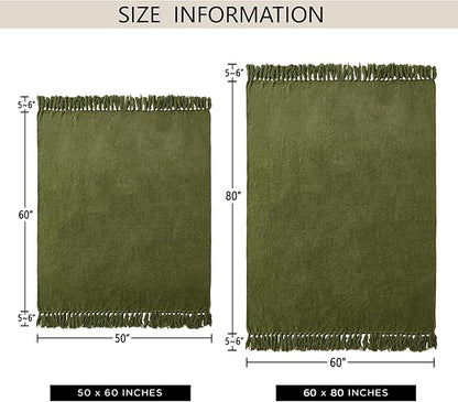 Chenille Throw Blanket for Couch 50"X 60", Soft Cozy Throws with Fringe Tassel for Bed Sofa Chair Cover, Lightweight Knitted Decorative Boho Blankets for Living Room, Olive Green