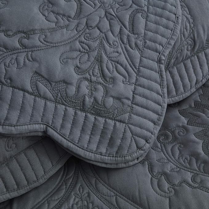 CHIXIN Bedspread Coverlet Set Queen Size - Lightweight Bedding Cover - Beautiful Stitching - 5 Piece Reversible Bedspread - Gorgeous Damask Paisley Pattern (Queen, Dark Grey)