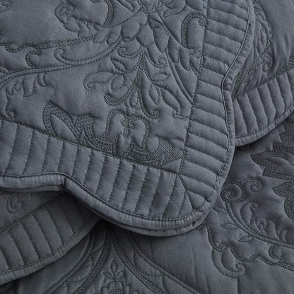 CHIXIN Bedspread Coverlet Set Queen Size - Lightweight Bedding Cover - Beautiful Stitching - 5 Piece Reversible Bedspread - Gorgeous Damask Paisley Pattern (Queen, Dark Grey)