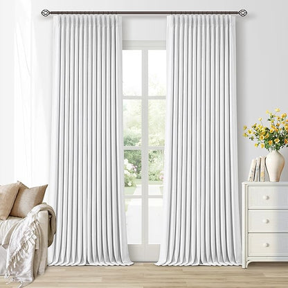 White Blackout Pinch Pleated Linen Curtains 105 Inches Long for Living Room 2 Panels Thermal Insulted Dual Layer Drapes Ceiling Floor Back Tab 105 Inch Window Curtains Bedroom Sliding Glass Door