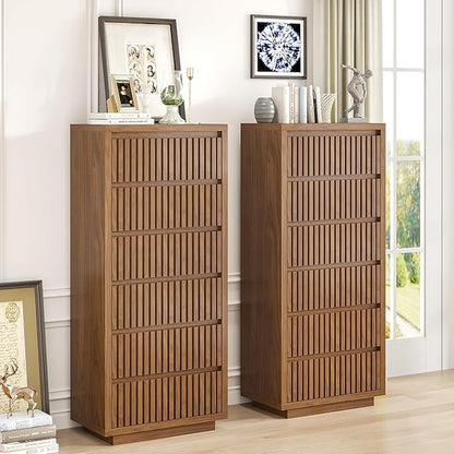 Fluted Tall 6 Drawer Dresser, Mid Century Dresser for Bedroom, 45 Inch Wood Chest of Drawers, Modern Closet Clothes Organizer, Walnut Wooden Storage for Living Room, Brown