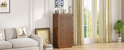 Fluted Tall 5 Drawer Dresser, Mid Century Dresser for Bedroom, 45 Inch Wood Chest of Drawers, Modern Closet Clothes Organizer, Walnut Wooden Storage for Living Room, Brown