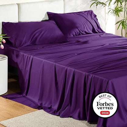 Bedsure Queen Sheet Set, Rayon Derived from Bamboo, Cooling Sheets, Breathable & Soft, Deep Pocket Up to 16 Inches, Hotel Luxury Silky Bedding for Hot Sleepers, Plum