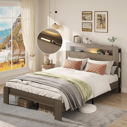Wooden Bed Frame Queen Size with Storage Headboard - Farmhouse Platform Bed Frame with Bookcase Shelf & Led Lights, Sturdy Wood Slat Framework Bed Frame (Light Brown LED)