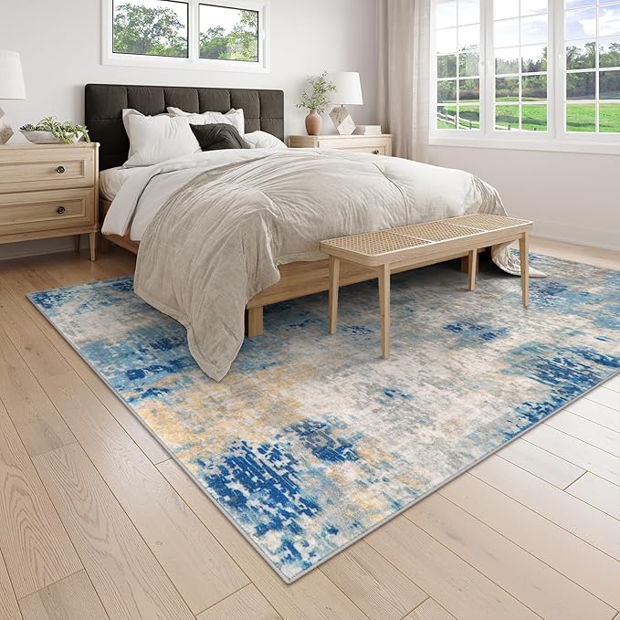 Lahome Modern Abstract Living Room Rug, Washable 8x10 Area Rugs for Bedroom Stain Resistant Non Slip, Large Blue Soft Indoor Carpet for Dining Room Table Apartment, Blue/Grey