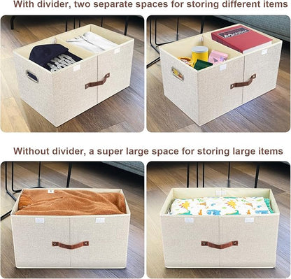 TYEERS Extra Large Collapsible Storage Bins with Lids and Compartments, Washable, Fabric Storage Boxes, 21.7x13x11.8 inches, 3 Pack, Beige