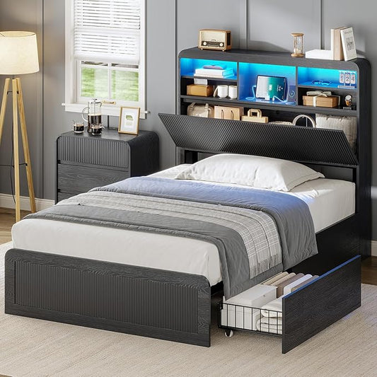 AOGLLATI Twin Bed Frames with 4 Storage Drawers and Hidden Storage Headboard, Black Led Fluted Twin Bed with Charging Station and Curved Profile Design, Noiseless,No Box Spring Needed, Black