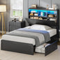 AOGLLATI Twin Bed Frames with 4 Storage Drawers and Hidden Storage Headboard, Black Led Fluted Twin Bed with Charging Station and Curved Profile Design, Noiseless,No Box Spring Needed, Black