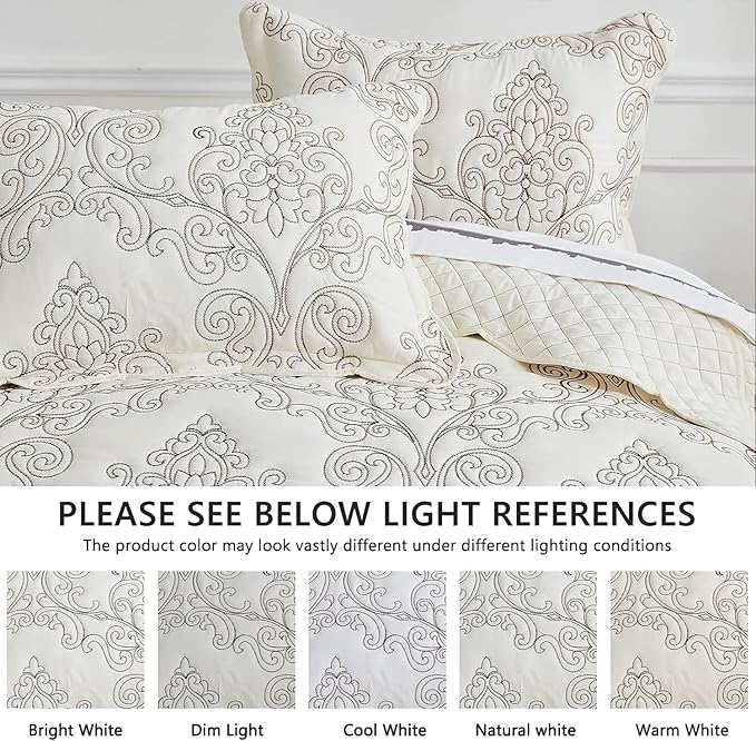 CHIXIN Oversized King Bedspread 128x120 Extra Wide - Lightweight Bedding Cover - Beautiful Stitching - 5 Piece Reversible Bedspread - Luxury Damask Paisley Pattern (King/Cal King, Ivory)