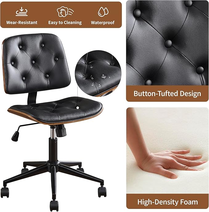 Small Home Office Chair - Armless Mid Back Desk Chair with 360° Swivel and Wheels, PU Upholstered Height Adjustable Modern Walnut Computer Chair for Home, Office Meeting Room - Black