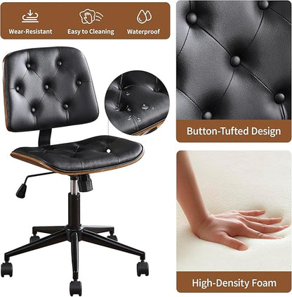 Small Home Office Chair - Armless Mid Back Desk Chair with 360° Swivel and Wheels, PU Upholstered Height Adjustable Modern Walnut Computer Chair for Home, Office Meeting Room - Black