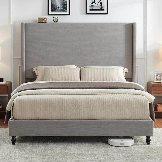 Queen Bed Frame with 63" Tall Headboard, Horizontal Fine Corduroy Bed Frame with Wingback, Upholstered Platform Bed, Vintage Solid Wood Gourd Legs, No Box Spring Needed, Gray